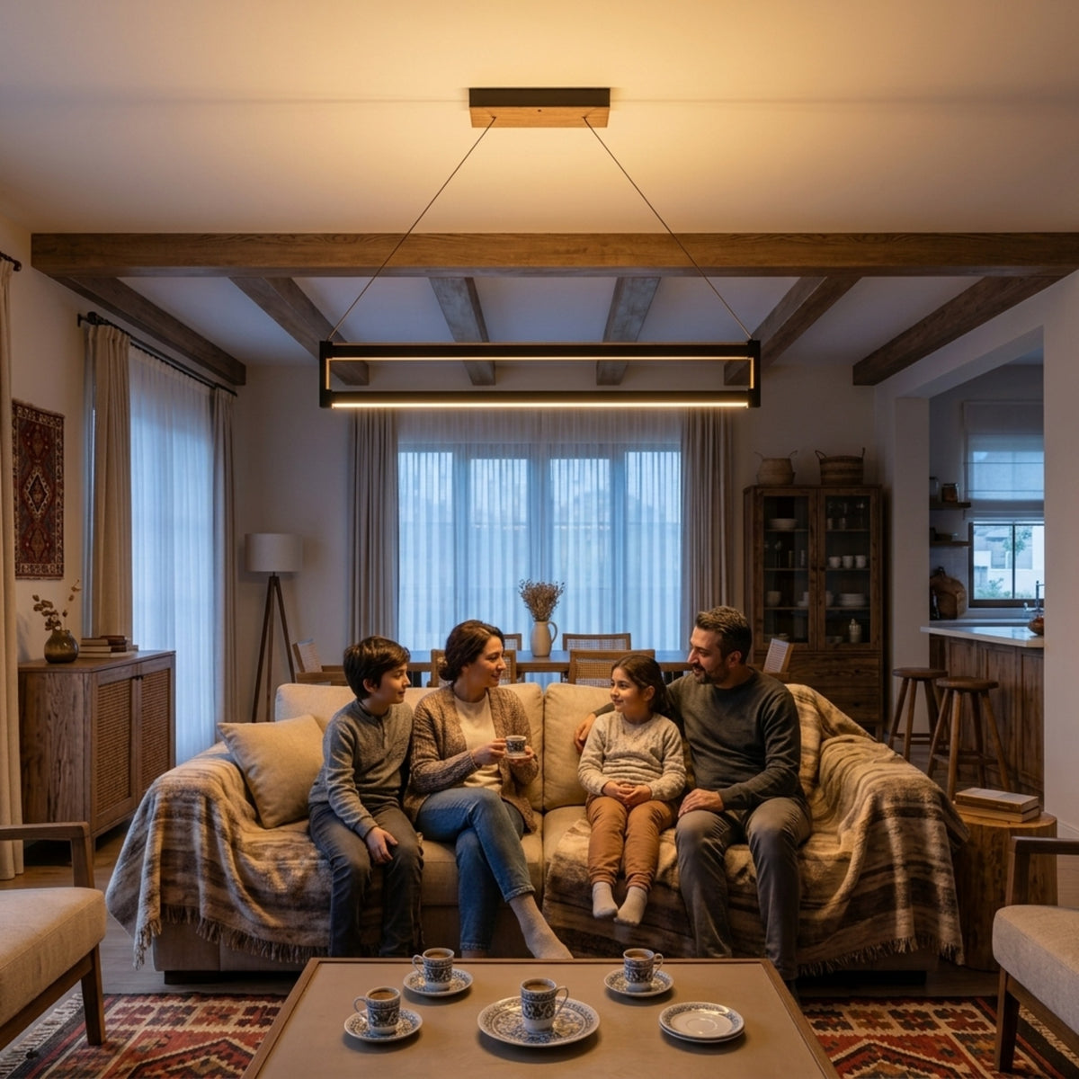 EnzoLight Orion Up&Down Lineer LED Sarkıt Avize - Lüks Salon ve Oturma Odası Çağdaş İç Mimari Tasarımında Akşam Açık Işıkla Homojen Sıcak Aydınlatma Ambiyansı