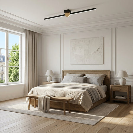 EnzoLight UnoP 120cm Modern Lineer LED Tavan Avize Plafonyer - Yatak Odası ve Dinlenme Alanı Avrupa Tarzı İç Mimari Çizgilerle Gündüz Doğal Gün Işığında Tavana Sıfır Montaj Görünümü
