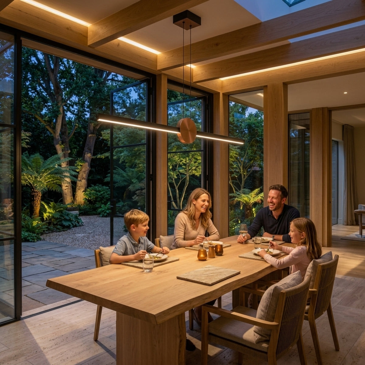 EnzoLight UnoS Lineer LED Sarkıt Avize - Kış Bahçesi ve Teras Minimalist Yaşam Konseptinde Akşam Açık Işıkla Homojen Sıcak Aydınlatma Ambiyansı