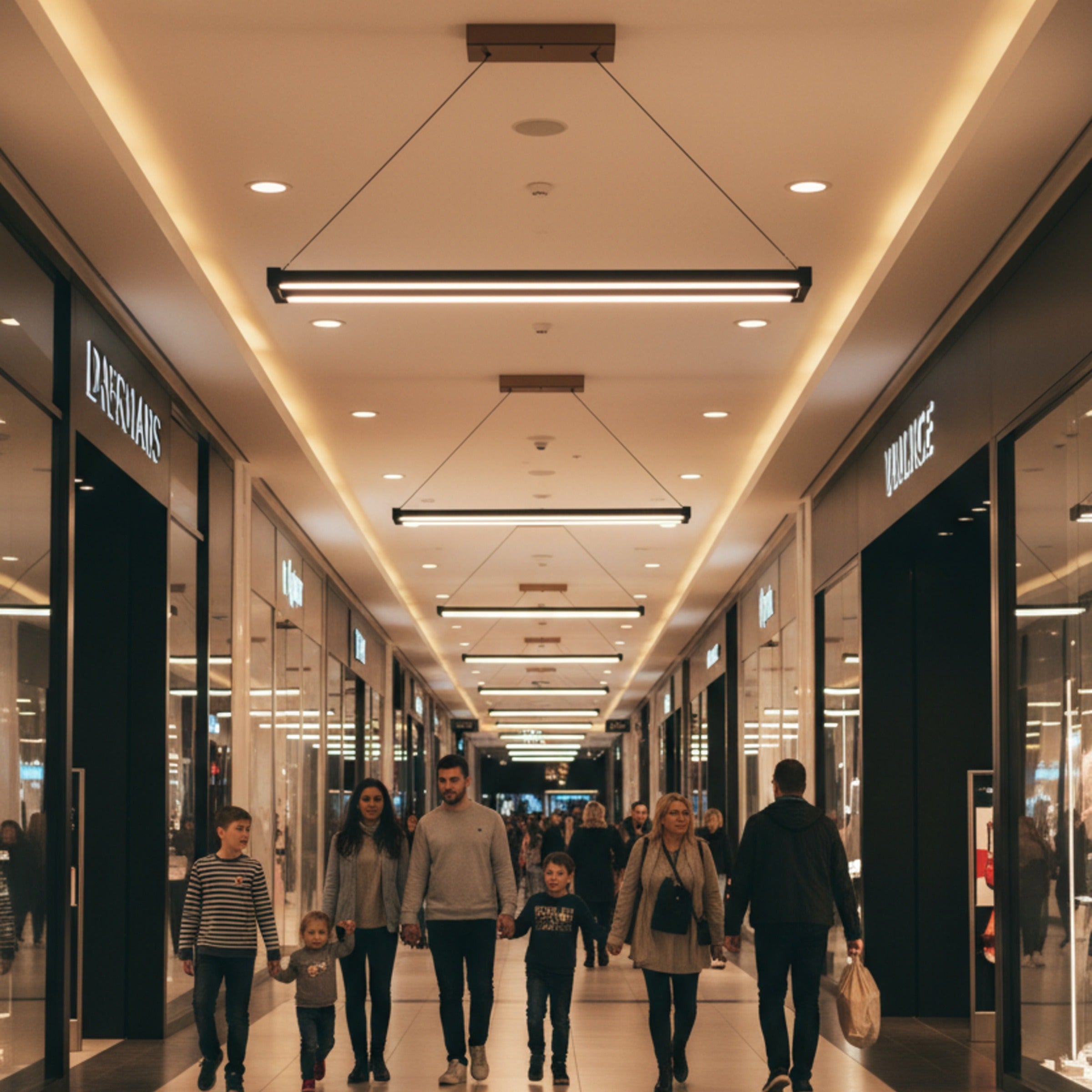 AVM koridorunda sıralanmış Vega serisi siyah lineer sarkıt aydınlatma modelleri altında yürüyen insanlar