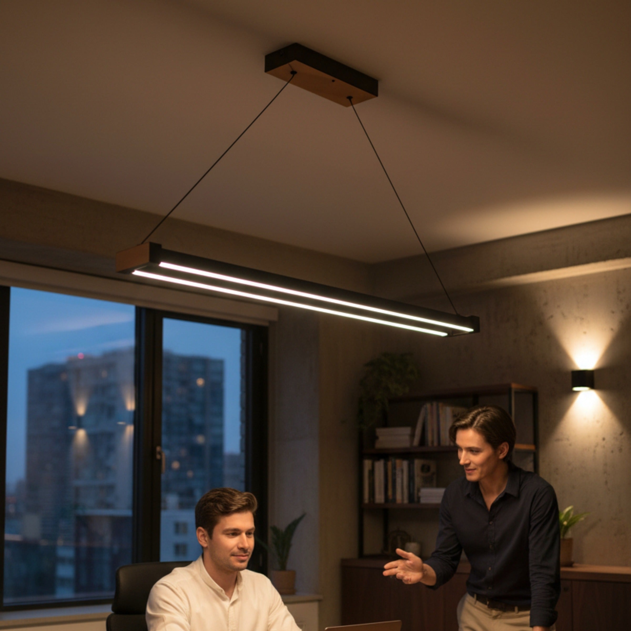 Vega siyah lineer sarkıt aydınlatma altında modern çalışma odasında toplantı yapan profesyoneller.