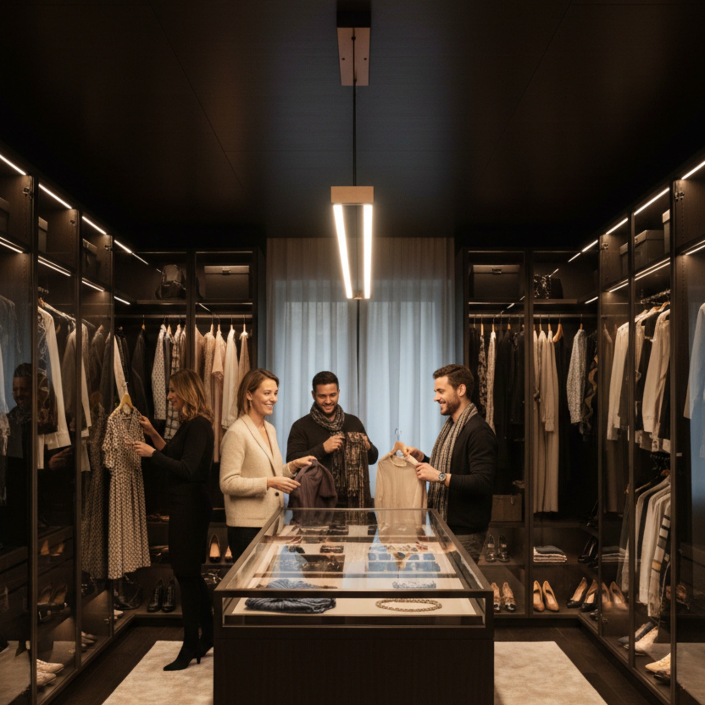 Giyinme odası merkezindeki ada ünitesi üzerinde konumlandırılan siyah Vega lineer sarkıt aydınlatma eşliğinde kıyafet seçimi.