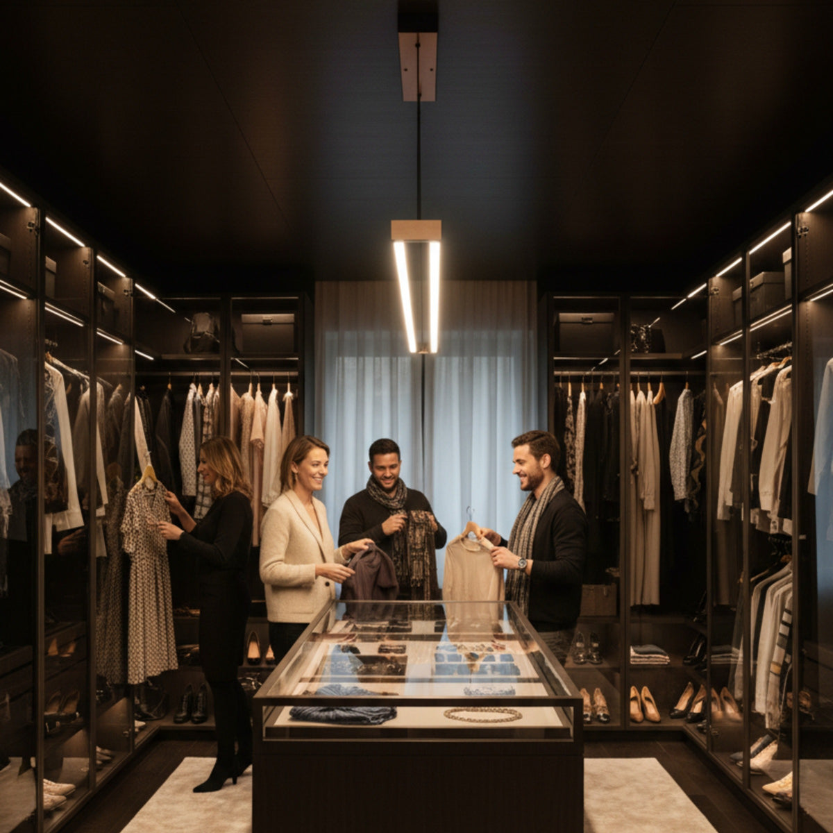 Giyinme odası merkezindeki ada ünitesi üzerinde konumlandırılan siyah Vega lineer sarkıt aydınlatma eşliğinde kıyafet seçimi.