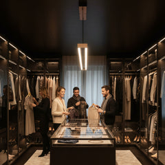 Giyinme odası merkezindeki ada ünitesi üzerinde konumlandırılan siyah Vega lineer sarkıt aydınlatma eşliğinde kıyafet seçimi.