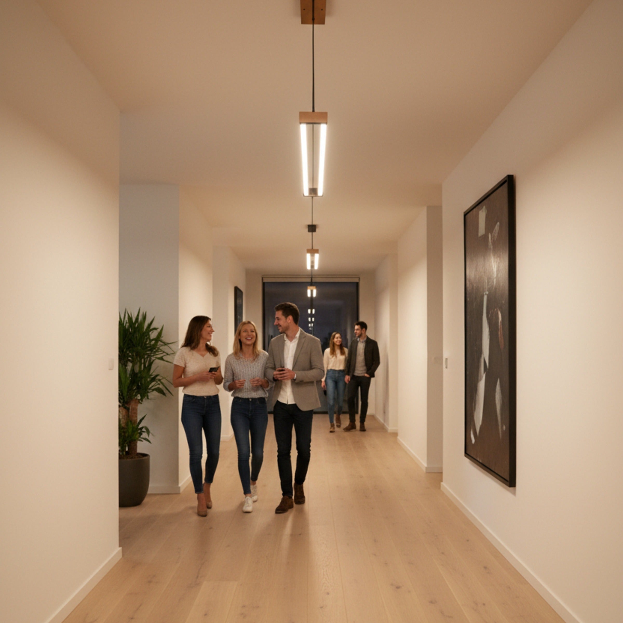 Modern bir holün tavanında sıralı Vega lineer sarkıt aydınlatmalar eşliğinde yürüyen şık insanlar.