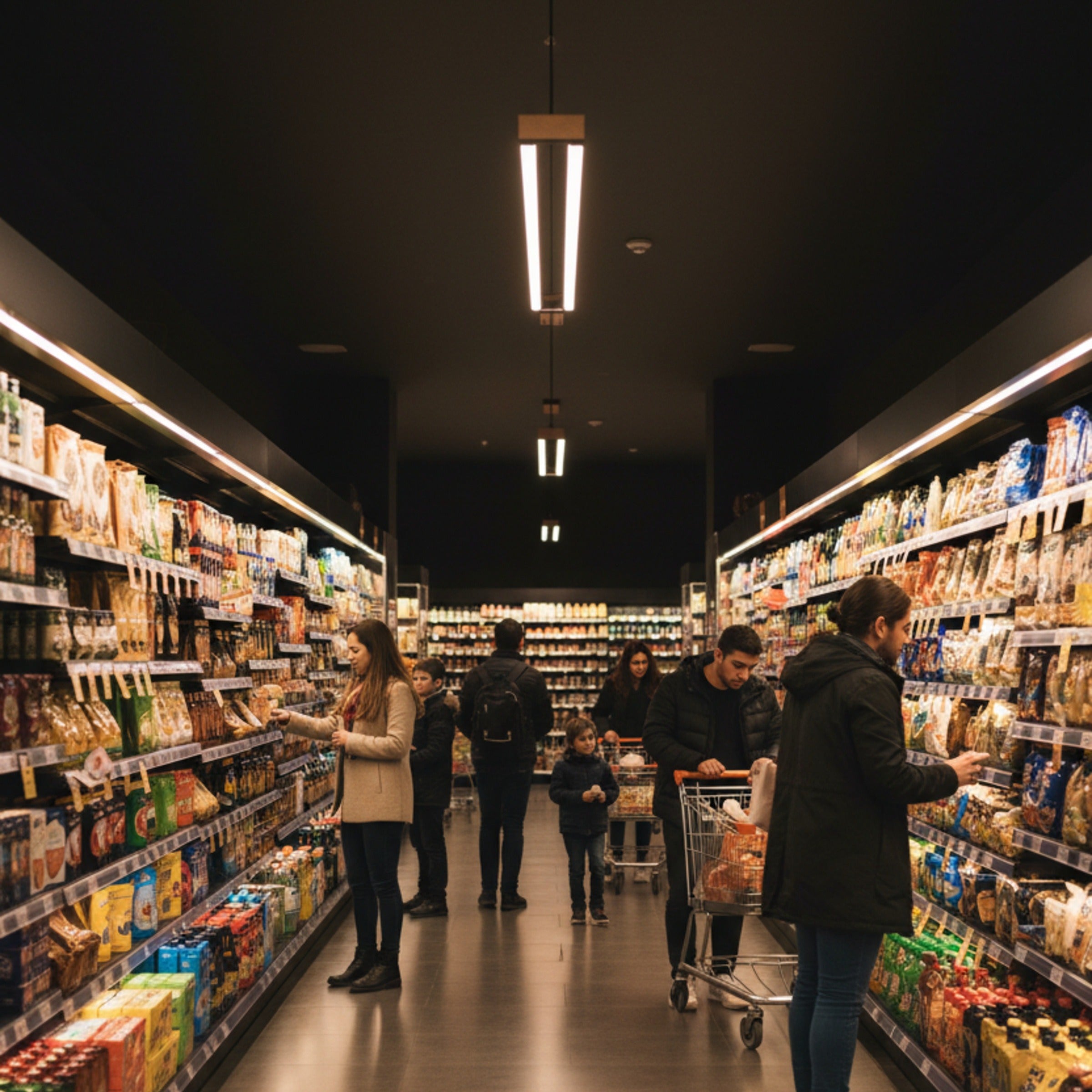 Vega lineer sarkıt aydınlatmanın modern market koridorlarında yarattığı profesyonel ışık atmosferi.
