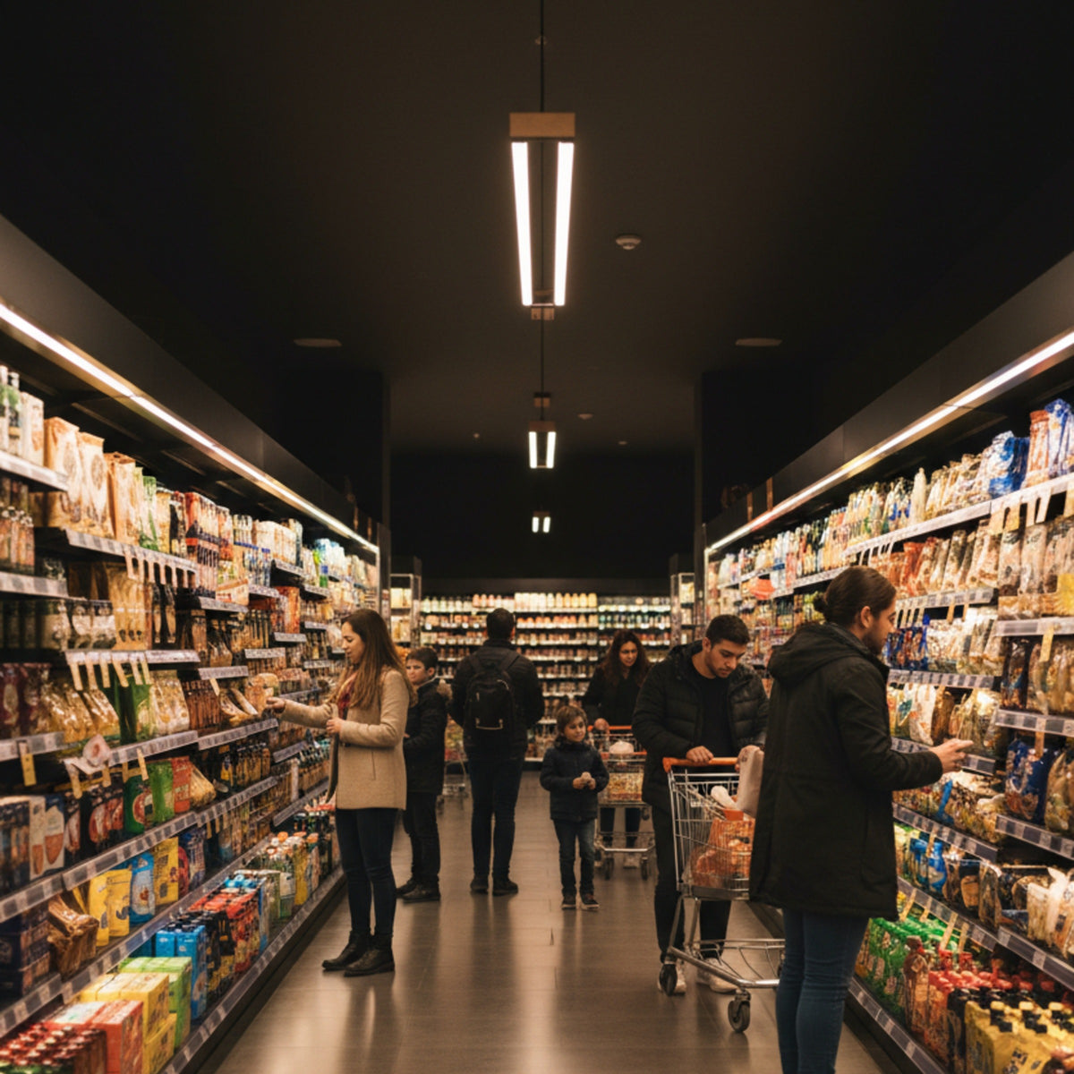 Vega lineer sarkıt aydınlatmanın modern market koridorlarında yarattığı profesyonel ışık atmosferi.