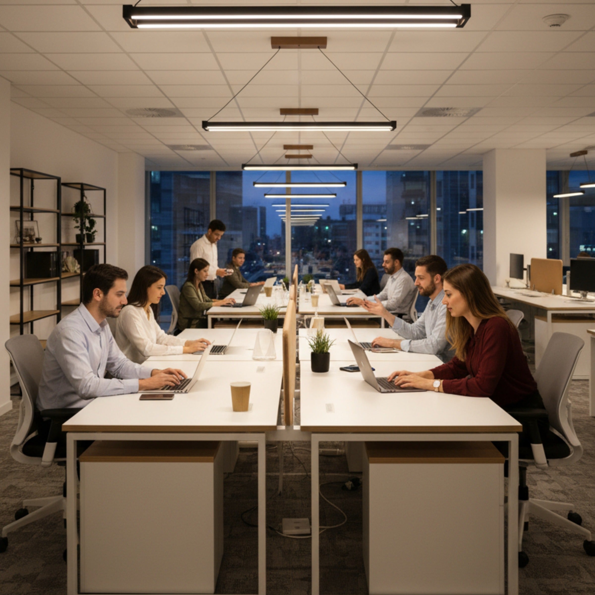 Modern açık ofis ortamında masalar üzerinde sıralanmış Vega lineer sarkıt aydınlatmalar.