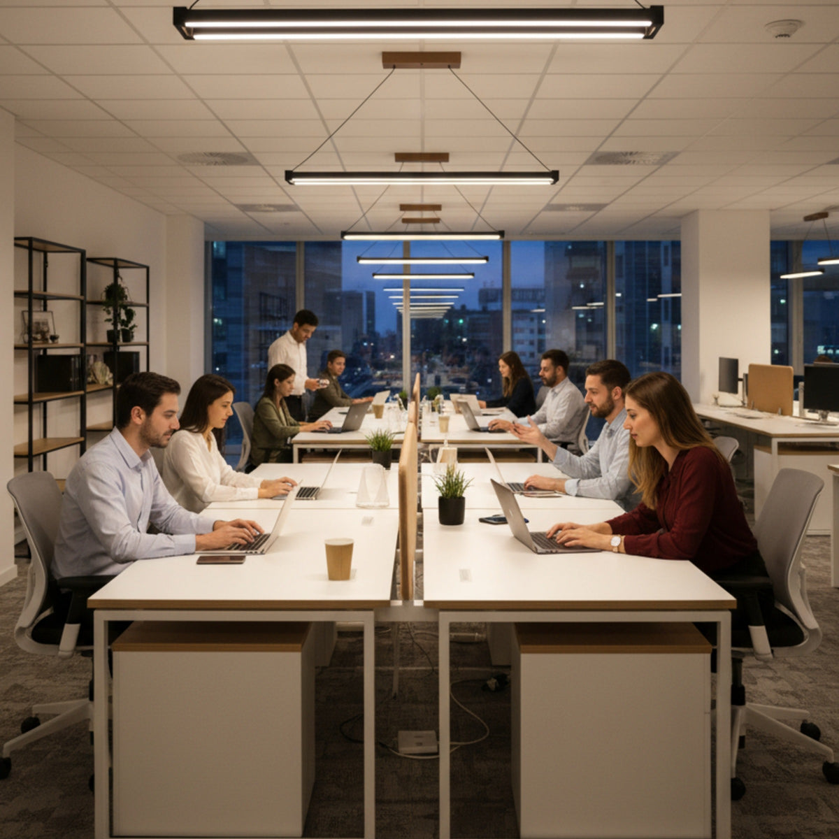 Modern açık ofis ortamında masalar üzerinde sıralanmış Vega lineer sarkıt aydınlatmalar.