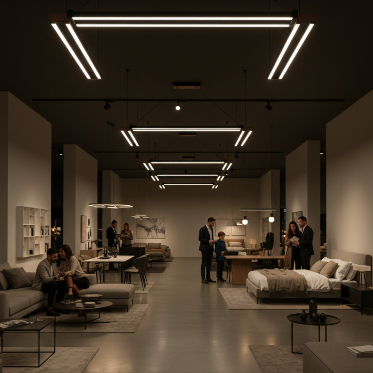 Geniş bir showroom ve salon alanında çoklu Vega lineer sarkıt aydınlatma kullanımı ve yarattığı modern atmosfer.