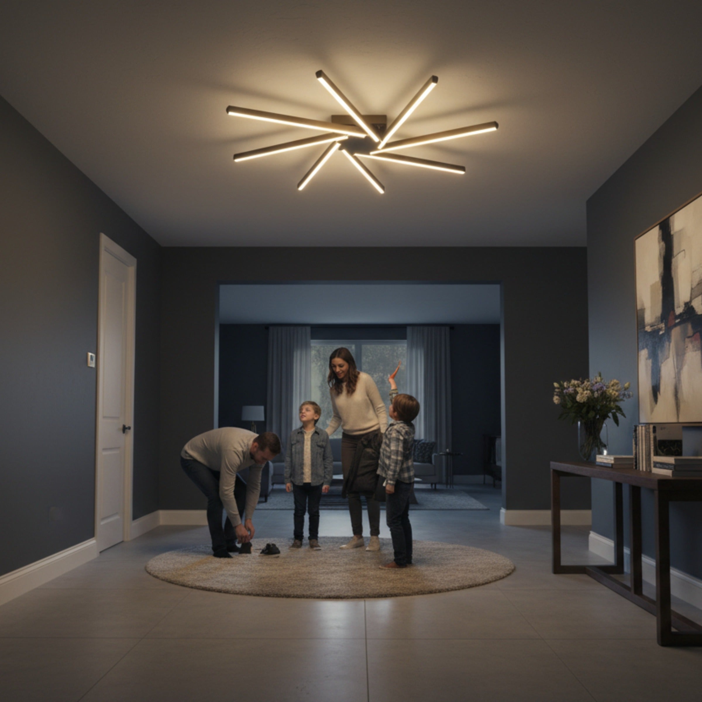 Loş ışıkta zenit siyah led avize ile aydınlanan prestijli ve modern bir antre atmosferi.