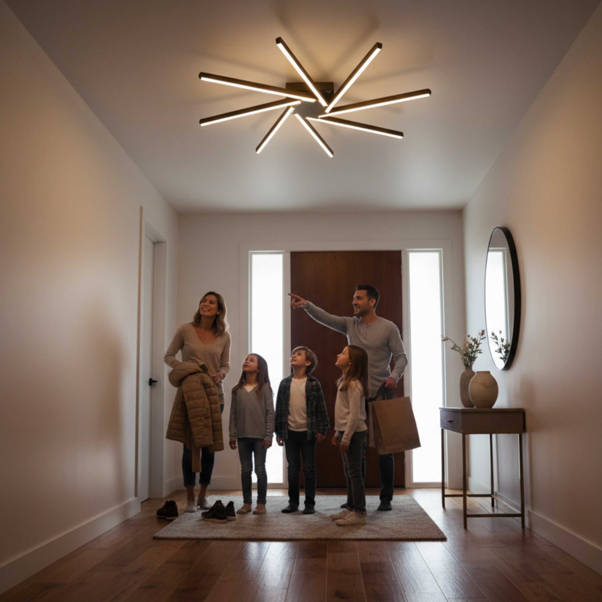 Zenit modern led tavan avizesi altında mutlu bir ailenin holdeki sıcak karşılama anı.