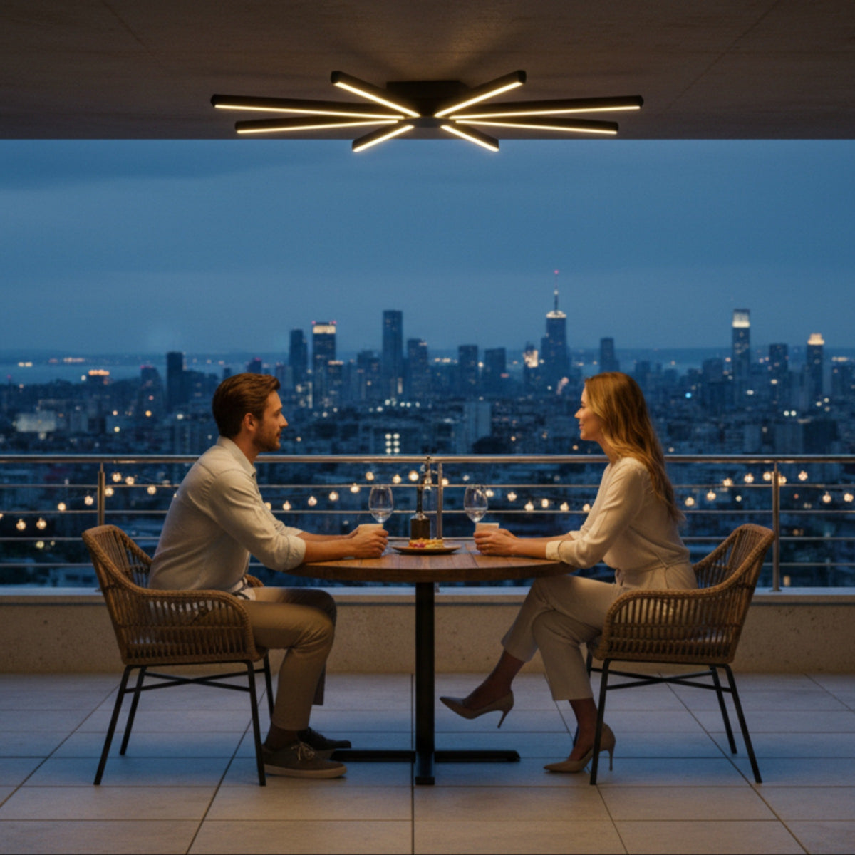 Şehir manzaralı bir terasta romantik bir akşam yemeği için Pulsar modern LED avize.