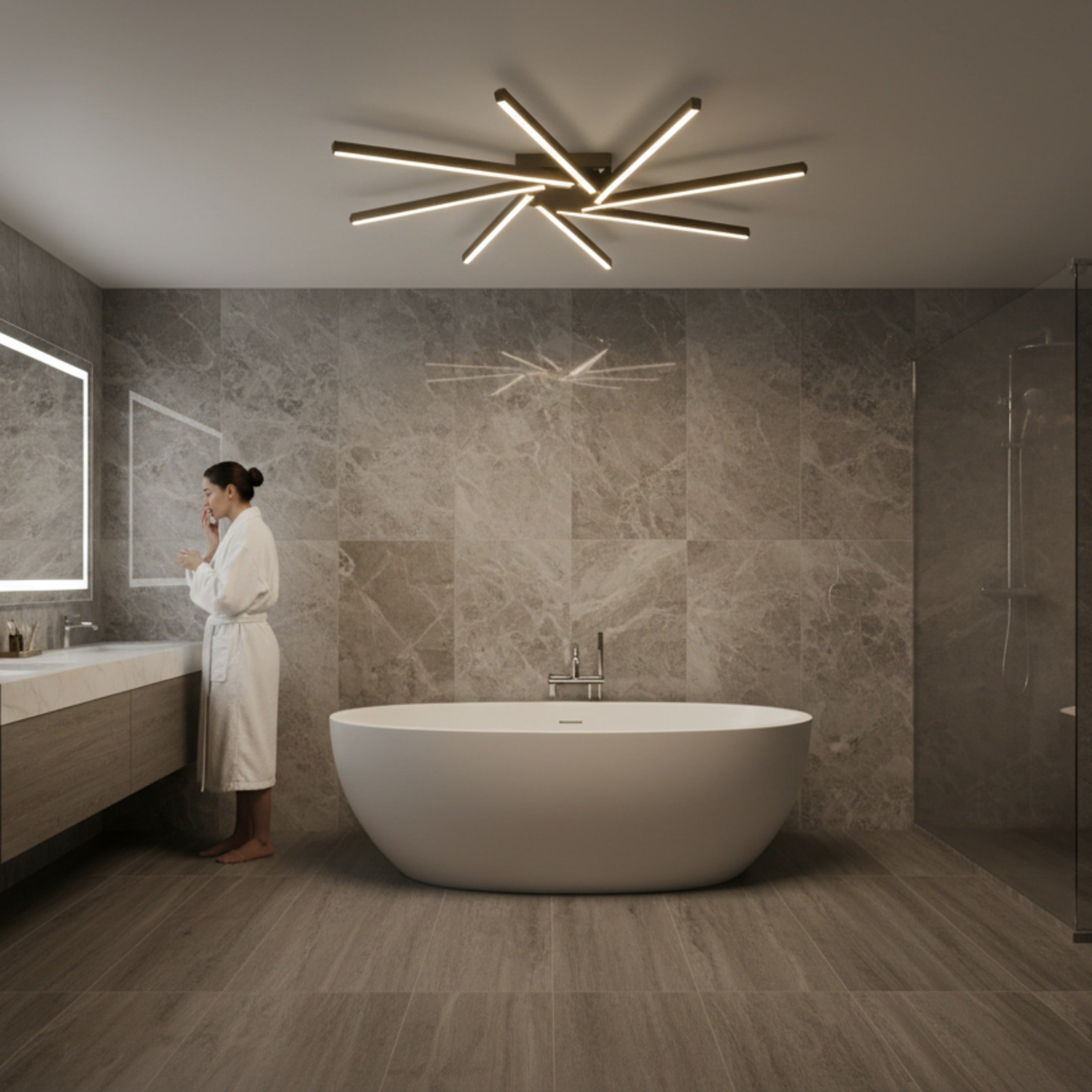 Mermer kaplı lüks banyo tasarımında beyaz bornozlu kadının üzerinde Zenit modern 8 kollu led tavan avizesi.