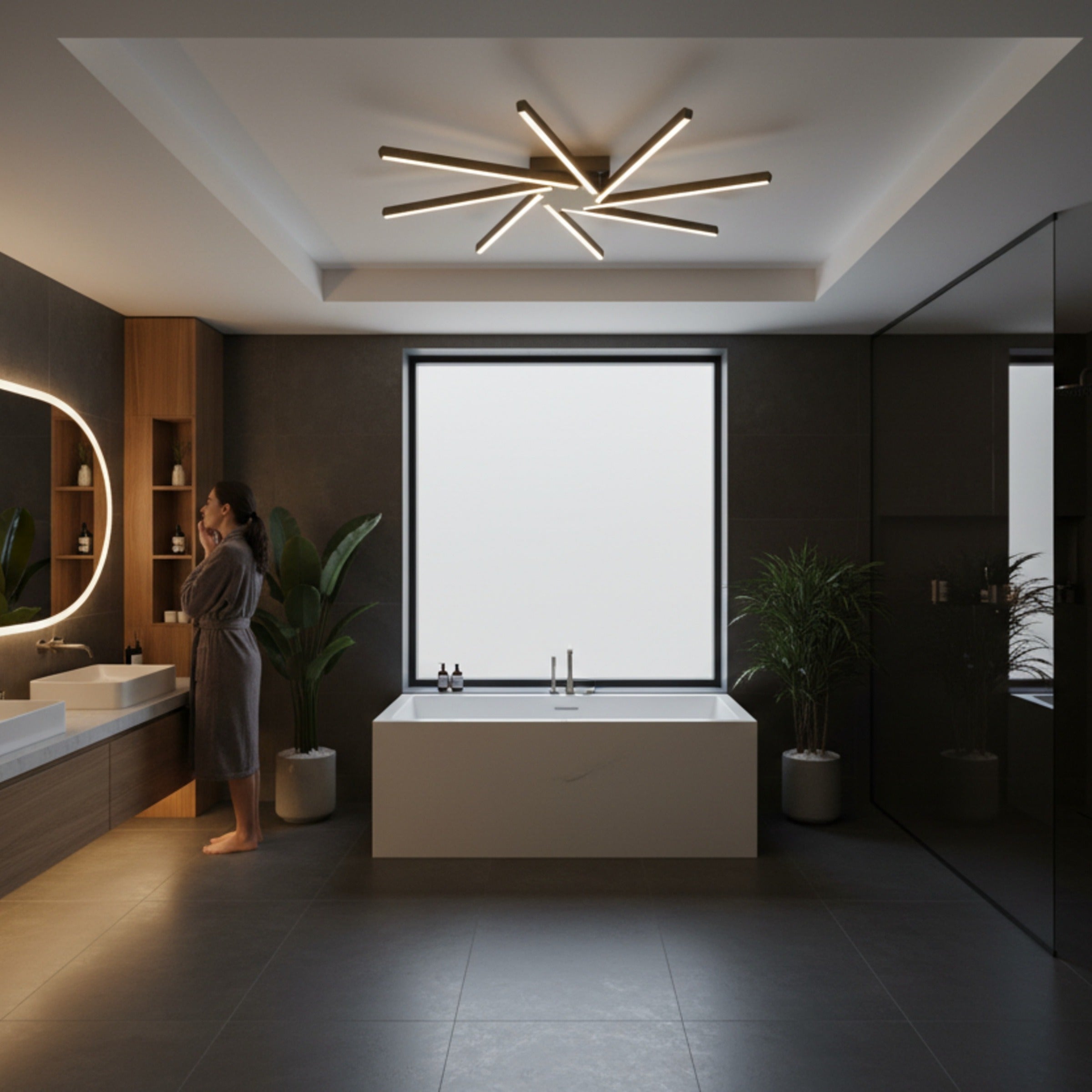 Koyu renkli modern banyo dekorasyonunda kare küvet üzerinde konumlanan Zenit siyah kumandalı banyo aydınlatması.