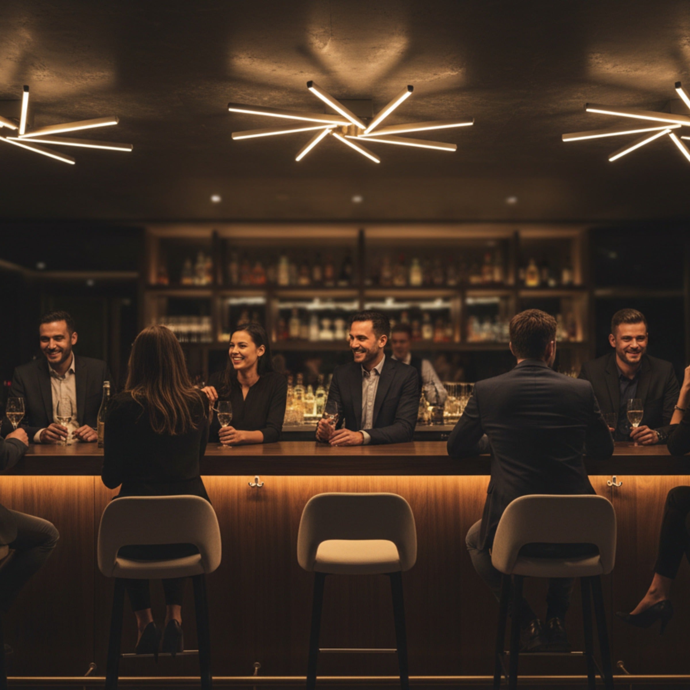 Zenit modern led bar avizesi şık bir kokteyl barın tavanında atmosferik ışık yayıyor.