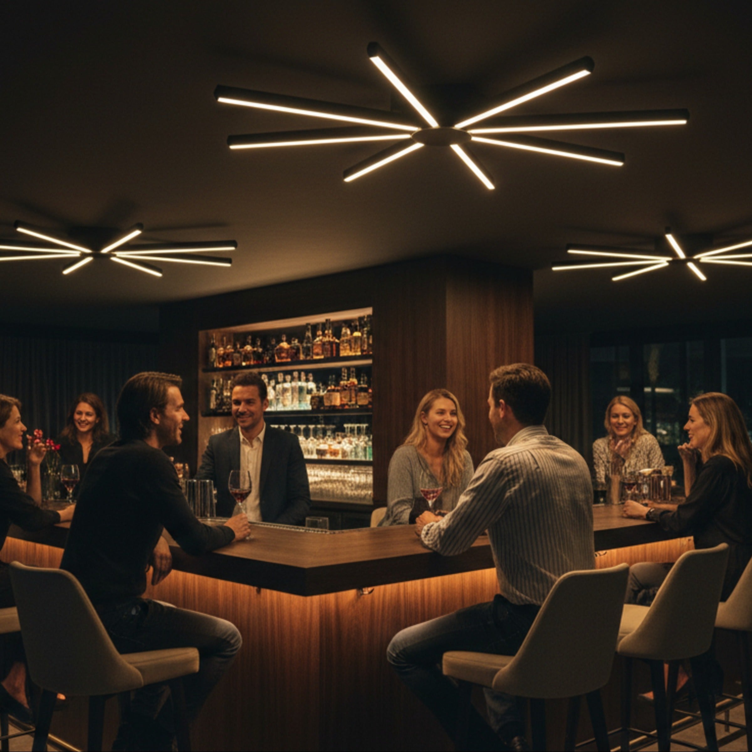 Şık bir bar ve lounge alanında sıcak atmosfer yaratan Pulsar modern LED tavan lambası.