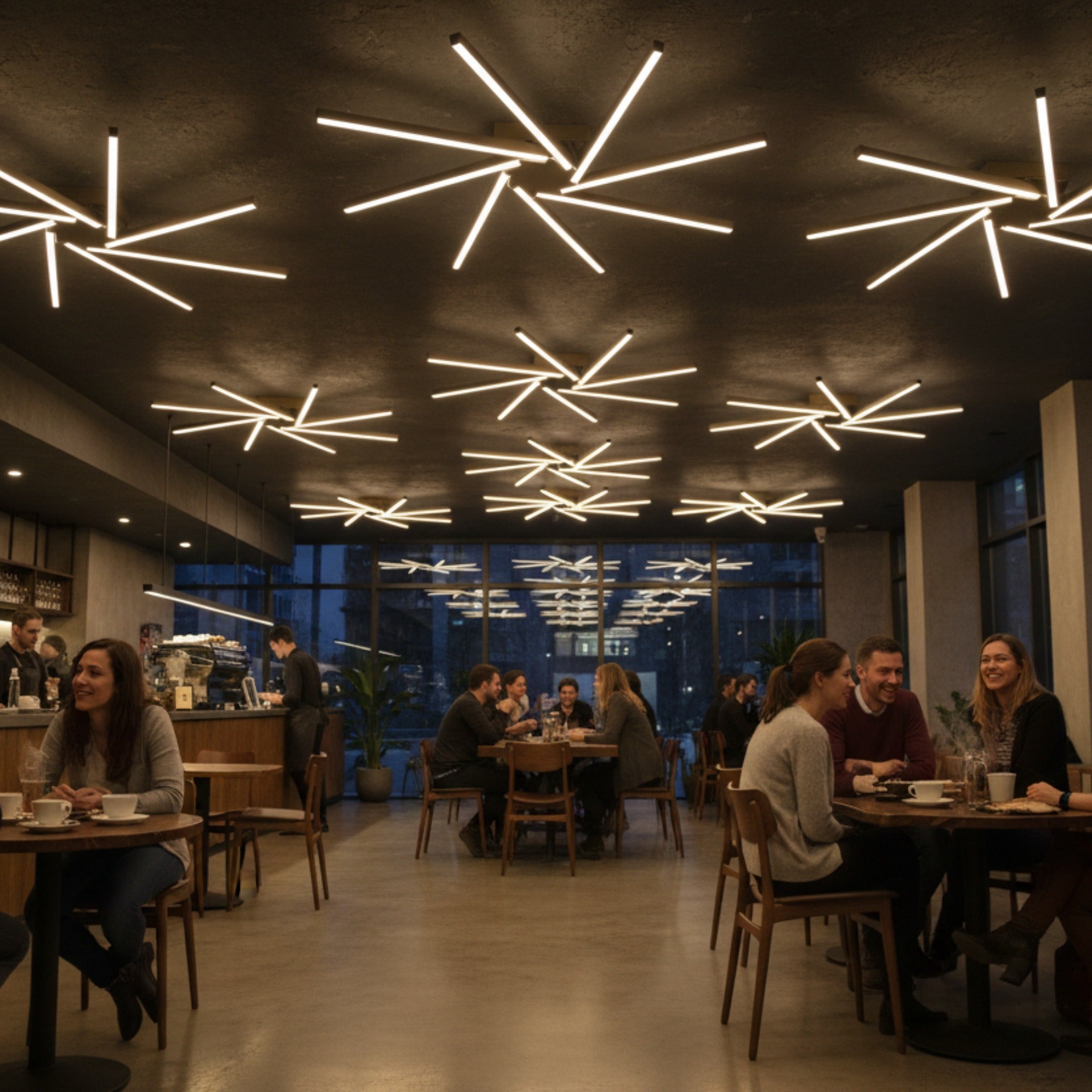 Geniş bir kafede tavana yayılmış çok sayıda Zenit modern LED tavan avizesi ile lüks aydınlatma.