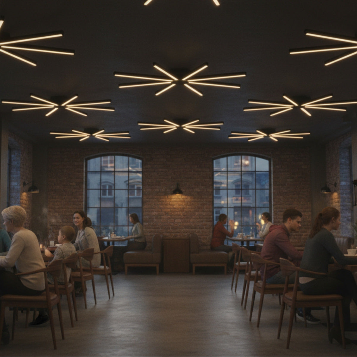 Endüstriyel modern iç mekan restoranında sıcak bir dokunuş sunan Pulsar tavan avizesi.