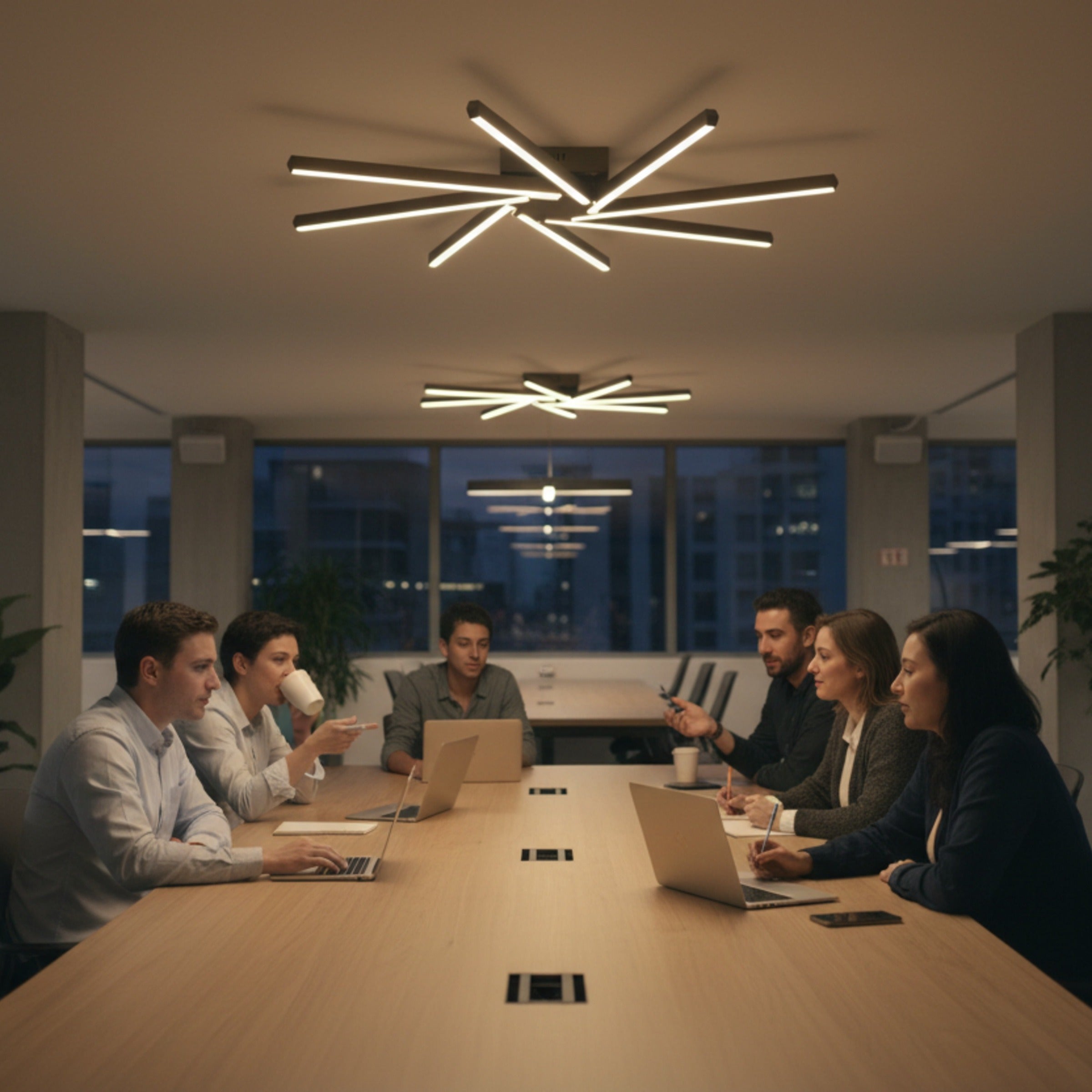 Zenit modern led tavan lambasının geniş toplantı masası üzerinde sunduğu profesyonel aydınlatma.