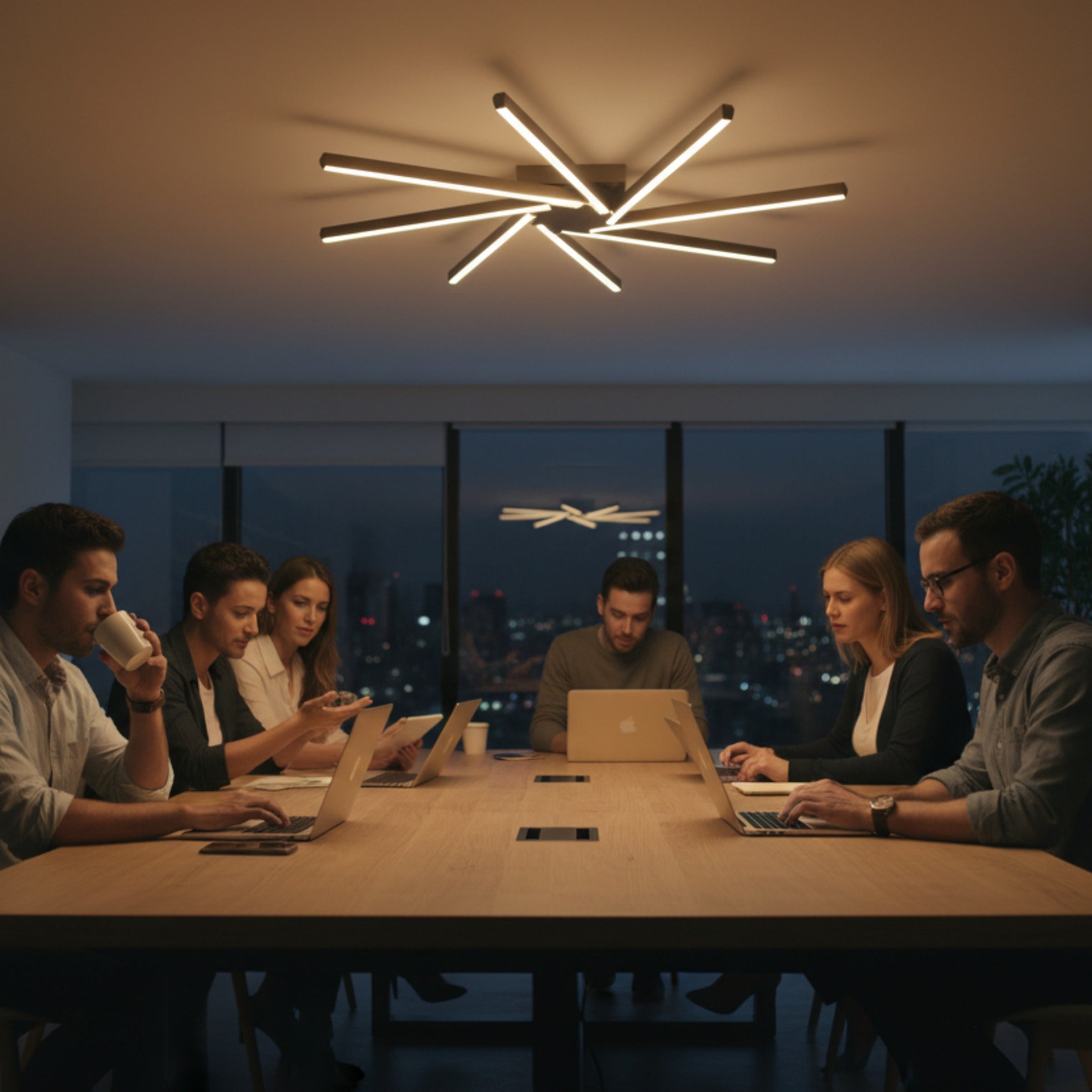 Gece toplantılarında odaklanmayı artıran Zenit modern LED tavan avizesi ve çalışma odası atmosferi.