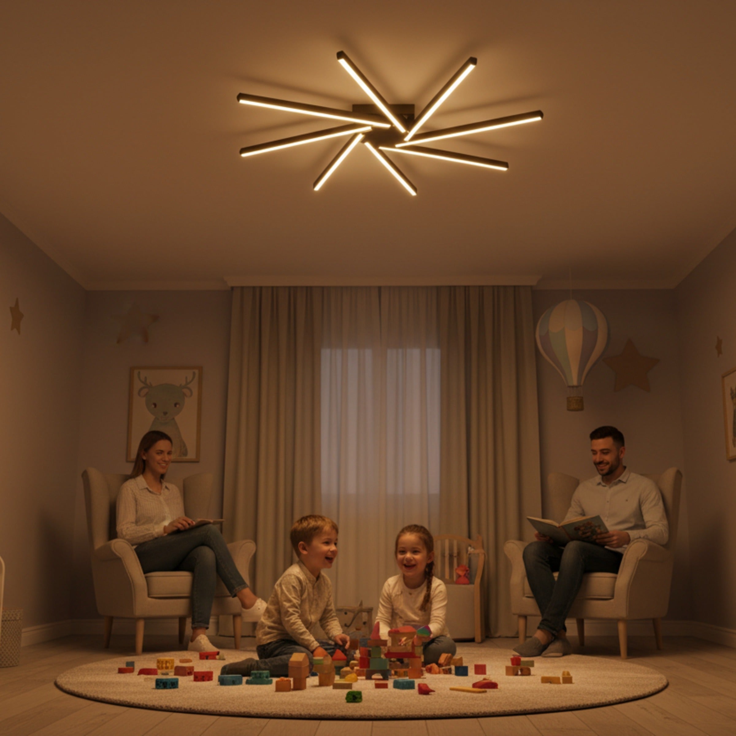Zenit modern led tavan avizesi altında oyun oynayan mutlu aile ve çocukla r