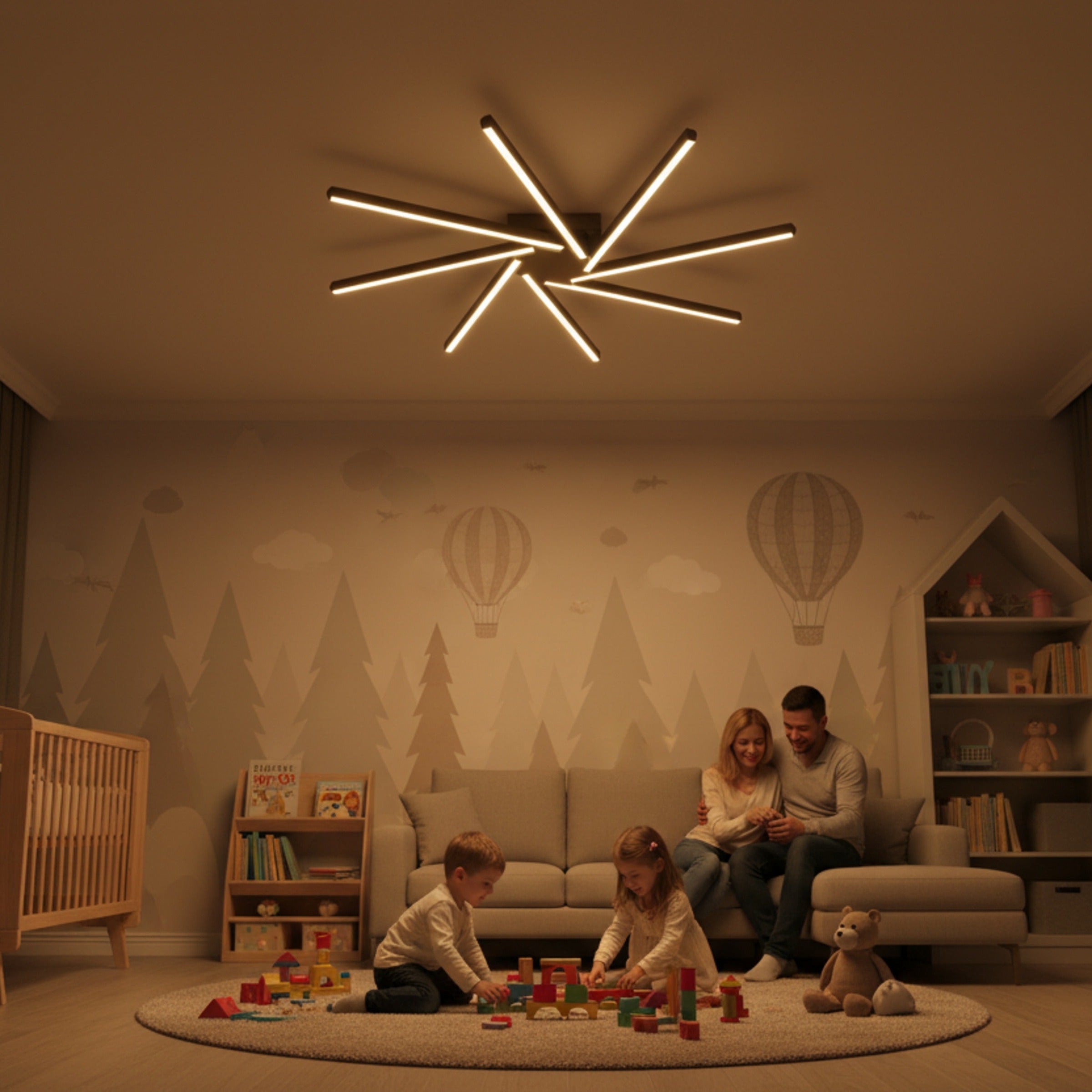 Çocuk odası tavanında ışıldayan simetrik yıldız tasarım lı siyah led avize