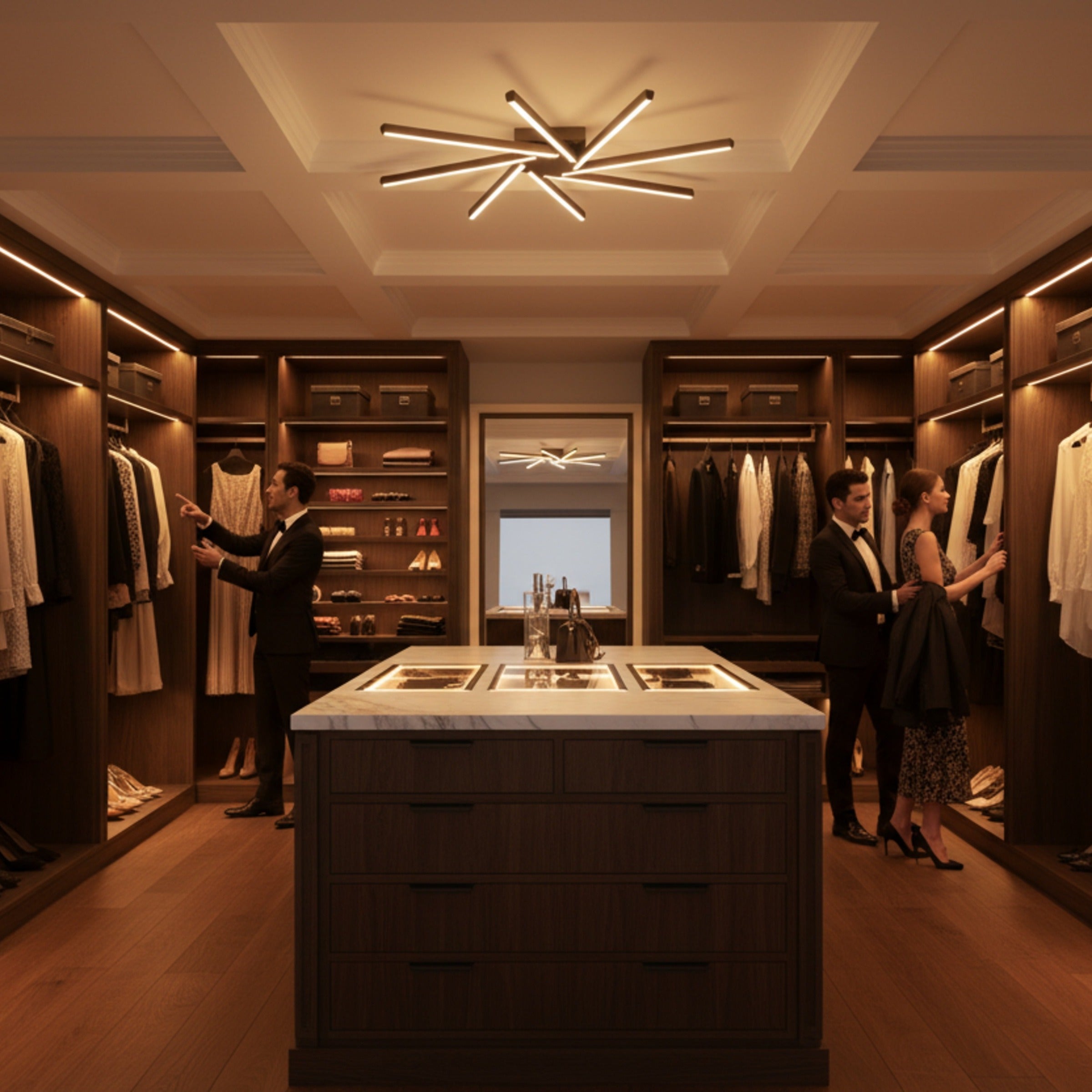 Lüks giyinme odasında Zenit modern LED tavan avizesi altında kıyafet seçen şık çift.