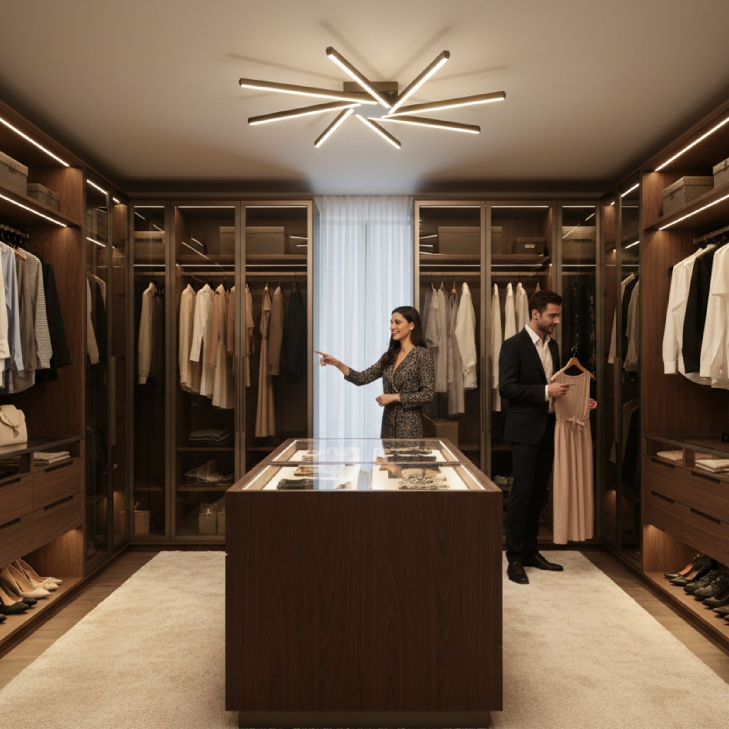 Zenit modern LED aydınlatma ile ışıklandırılmış geniş ve prestijli bir giyinme odası tasarımı.