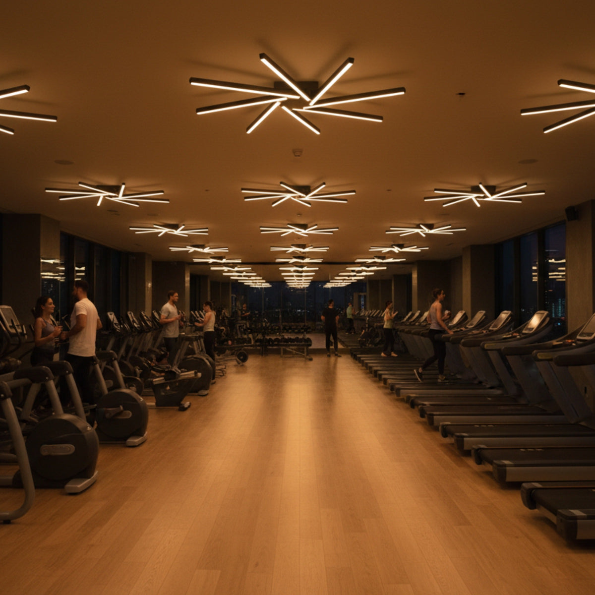 Modern gym aydınlatmasında Zenit siyah LED avize ile motivasyonu artıran sıcak ışık.