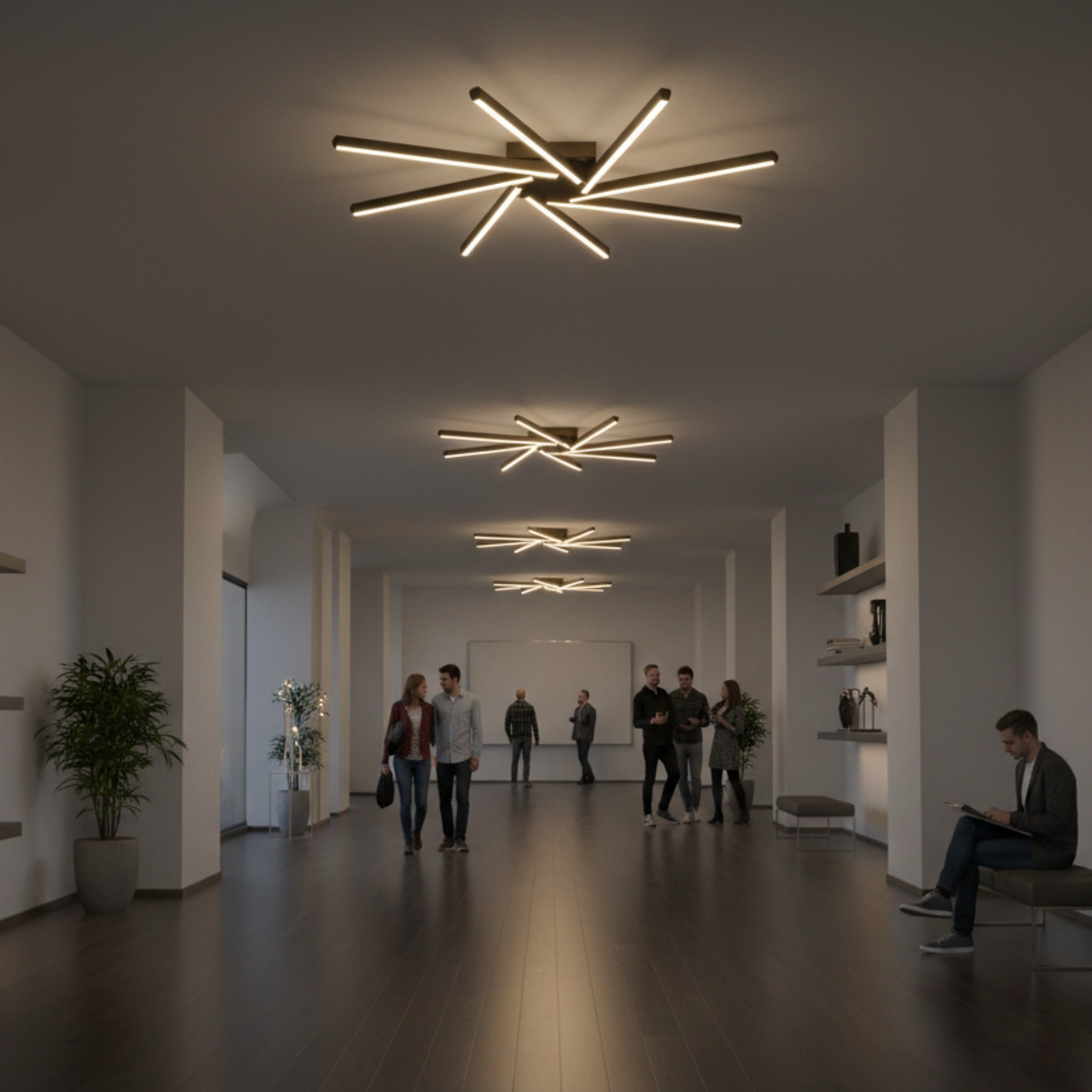 Zenit Modern LED Avize geniş otel koridorunda prestijli bir aydınlatma sağlıyor.