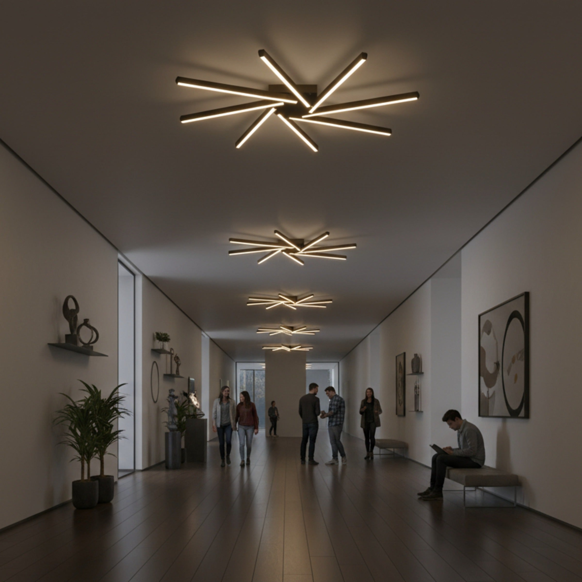 Siyah lineer kollu Zenit avize lüks bir sanat galerisi koridorunda modern bir duruş sergiliyor.