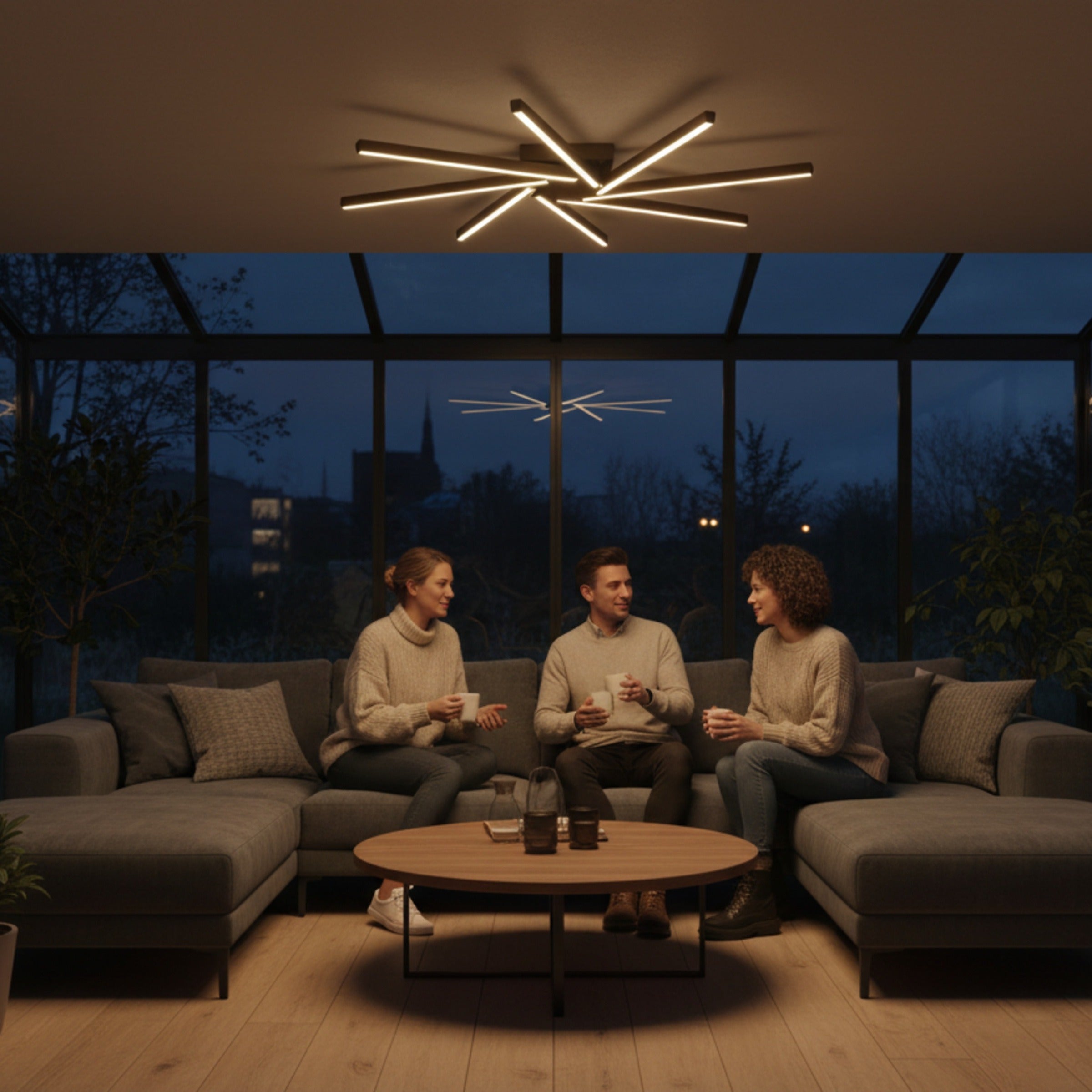 Zenit modern kış bahçesi avizesi ile gece sohbetlerinde atmosferik aydınlatma deneyimi.