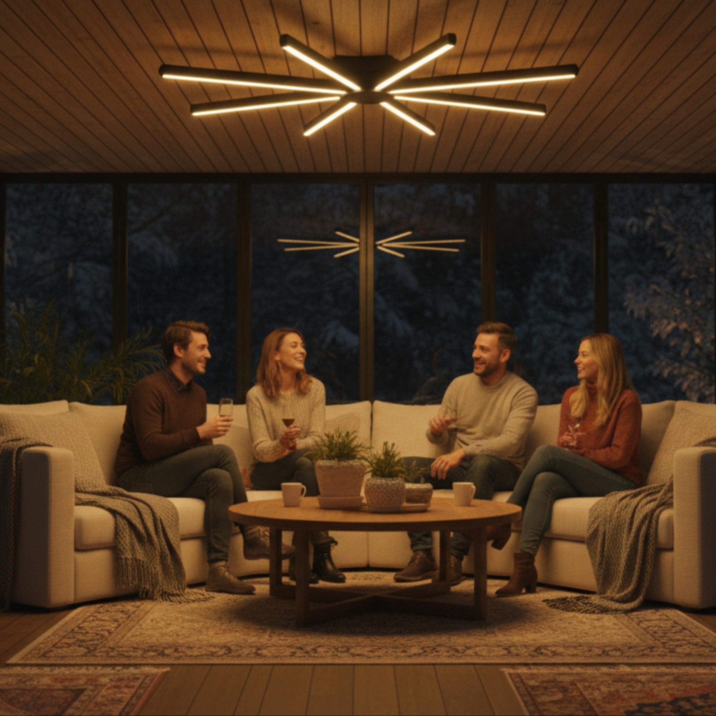 Bahçe manzaralı modern salon tasarımında konfor sağlayan Pulsar LED tavan armatürü.