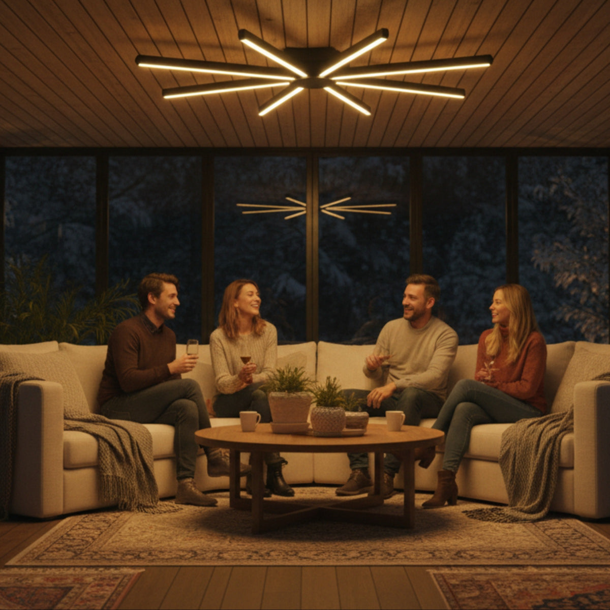 Bahçe manzaralı modern salon tasarımında konfor sağlayan Pulsar LED tavan armatürü.
