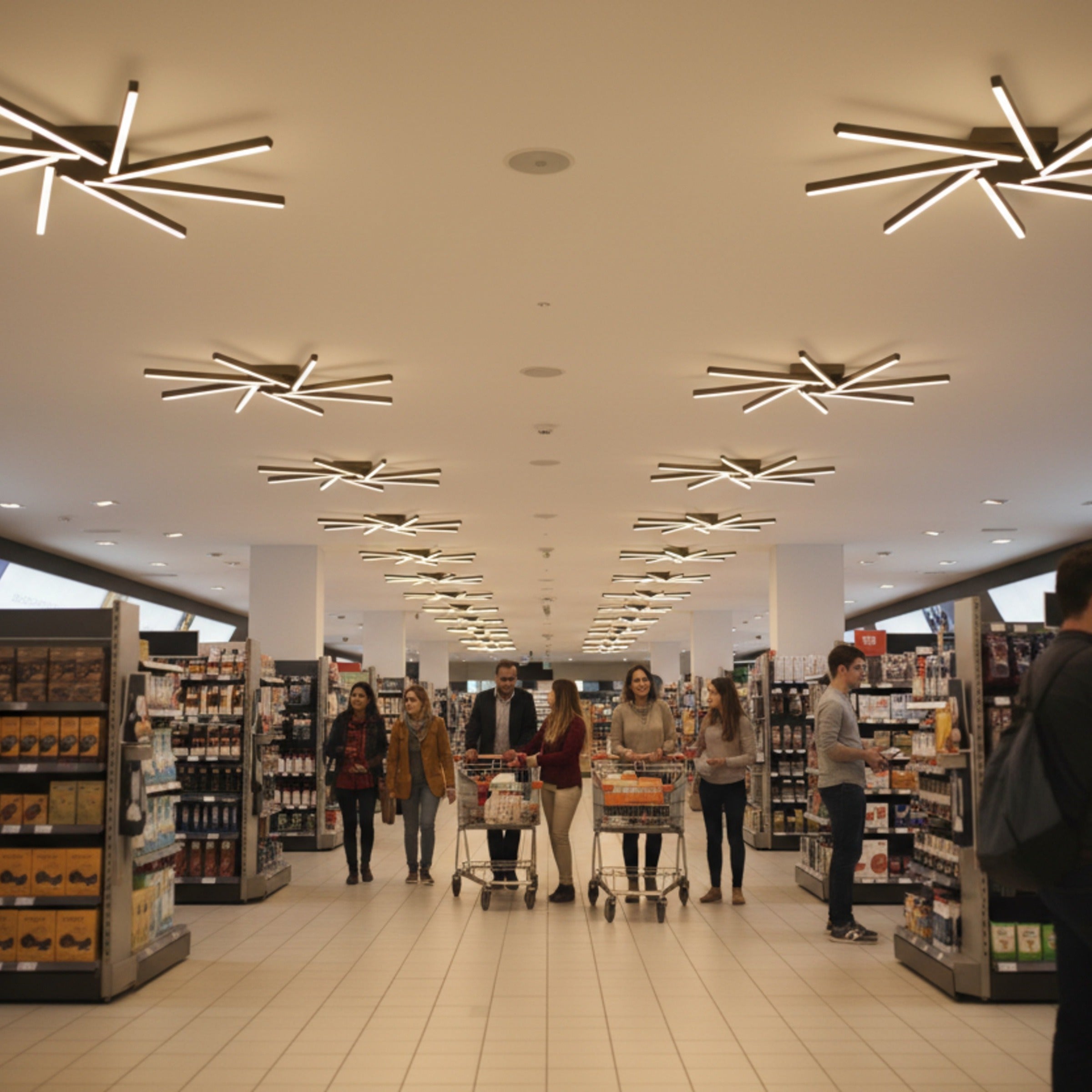 Zenit modern LED tavan avizesi ile aydınlatılmış geniş ve modern bir süpermarket reyonu görünümü.