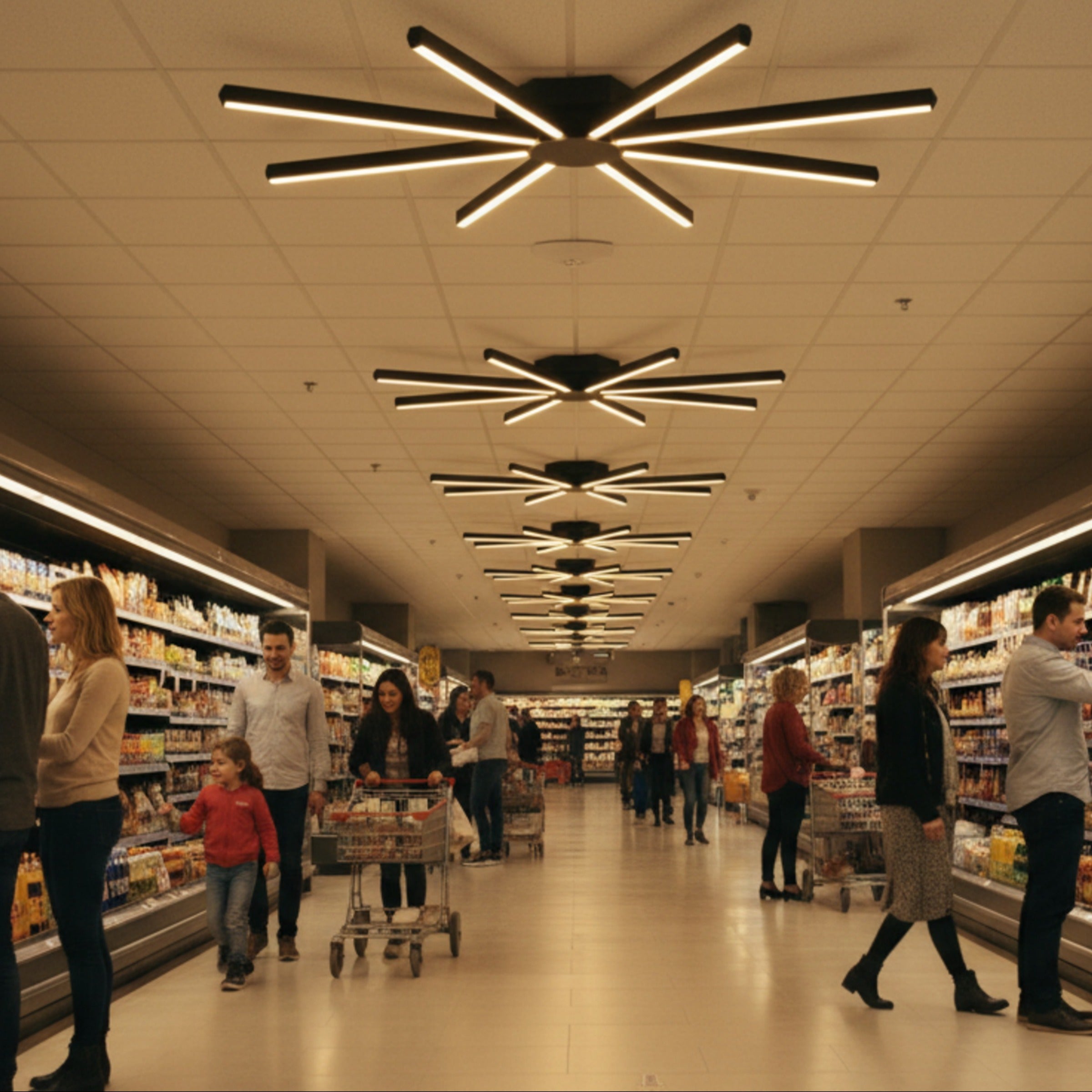 Modern süpermarket ve mağaza reyonlarını homojen aydınlatan Pulsar LED avize sistemleri.