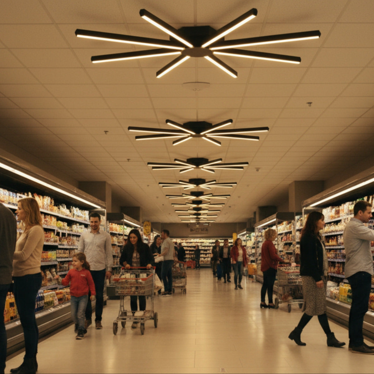 Modern süpermarket ve mağaza reyonlarını homojen aydınlatan Pulsar LED avize sistemleri.