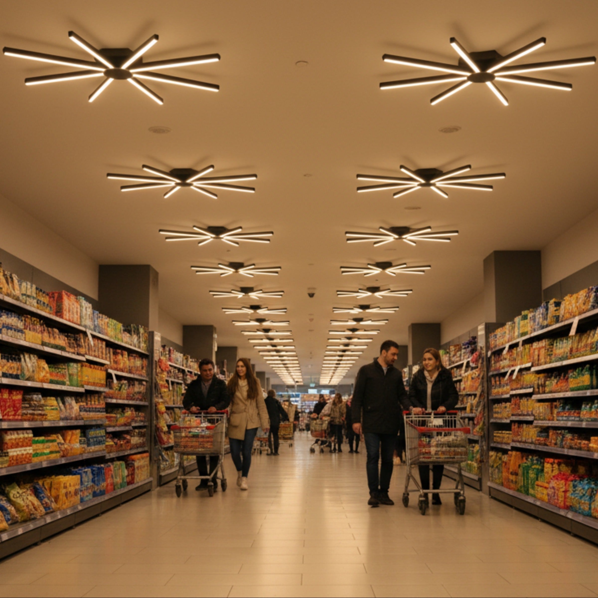 Lüks perakende alanlarında müşterilere eşlik eden Pulsar modern LED tavan plafonyerleri.