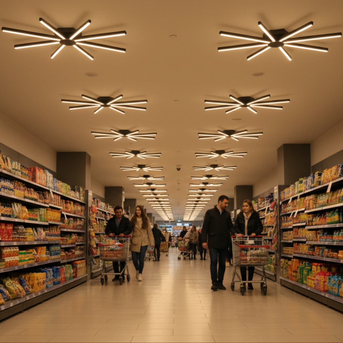 Lüks perakende alanlarında müşterilere eşlik eden Pulsar modern LED tavan plafonyerleri.