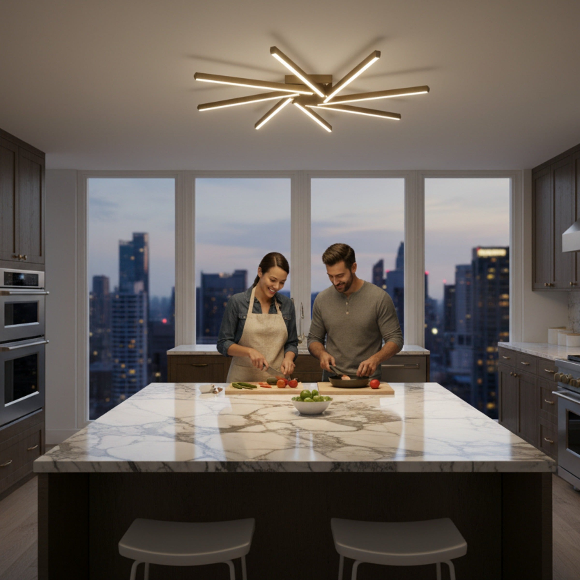 Zenit modern LED mutfak avizesi altında yemek hazırlayan mutlu çift.