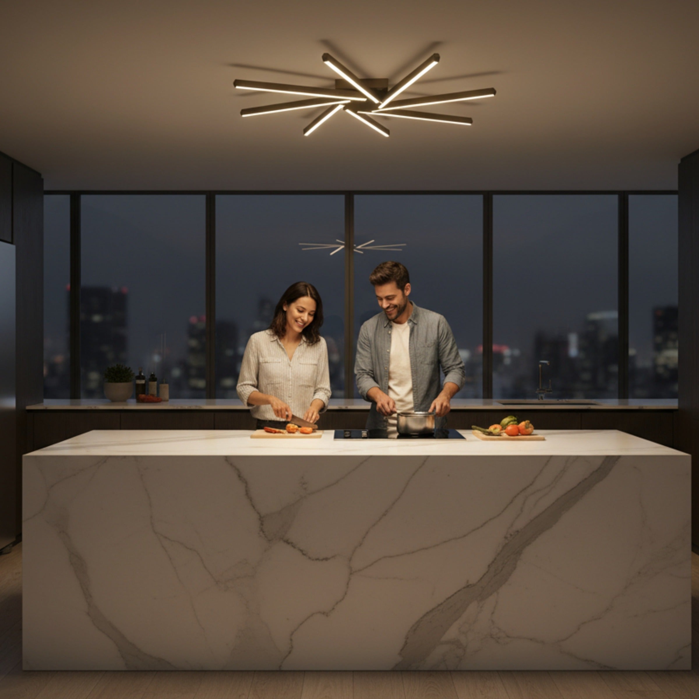 Gece şehir manzaralı lüks mutfakta Zenit modern LED tavan aydınlatması.
