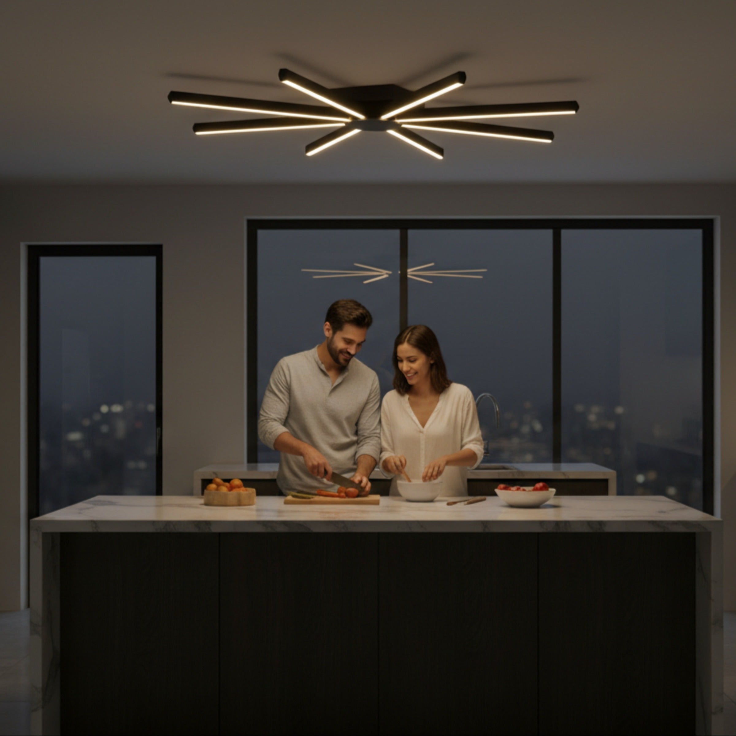 Modern mutfak adası üzerinde odaklı aydınlatma sağlayan sekiz kollu Pulsar LED avize.