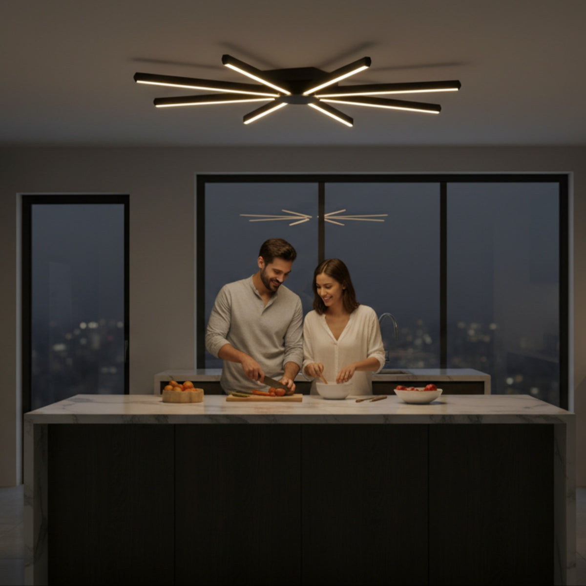 Modern mutfak adası üzerinde odaklı aydınlatma sağlayan sekiz kollu Pulsar LED avize.