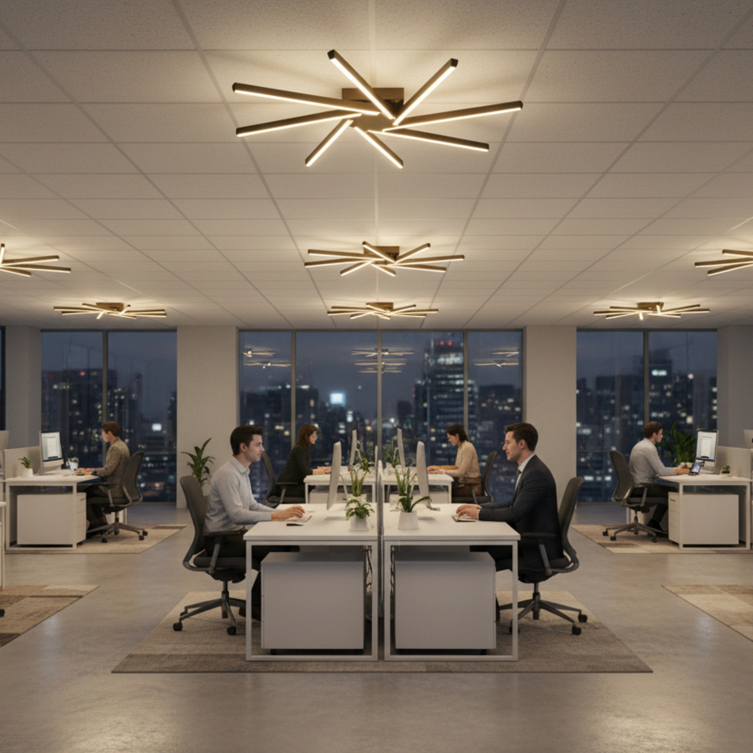 Modern açık ofis tavanında Zenit LED avize ile sağlanan profesyonel aydınlatma çözümü