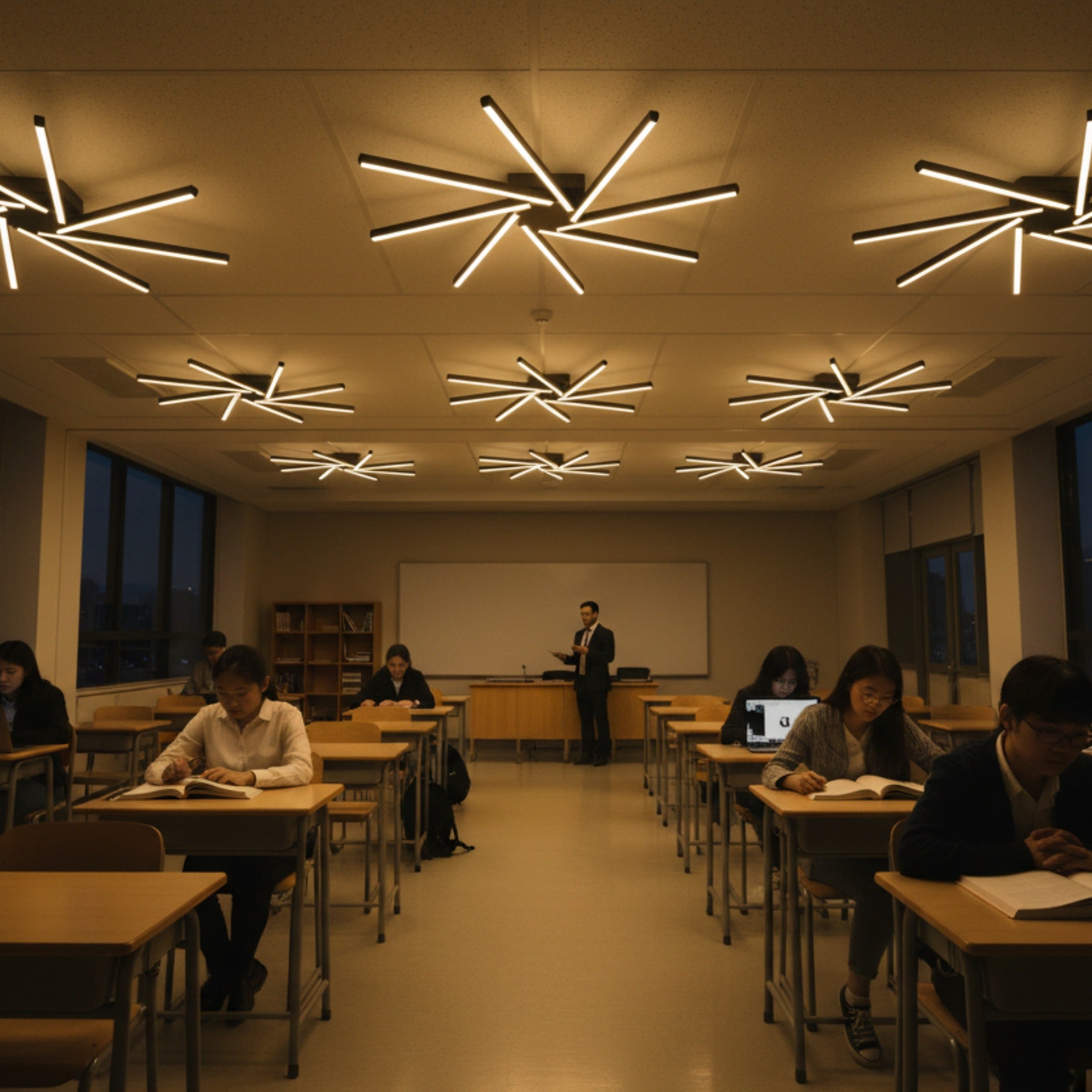 Modern bir okul sınıfında tavanı süsleyen çok sayıda Zenit 8 kol simetrik yıldız LED avize tasarımı.
