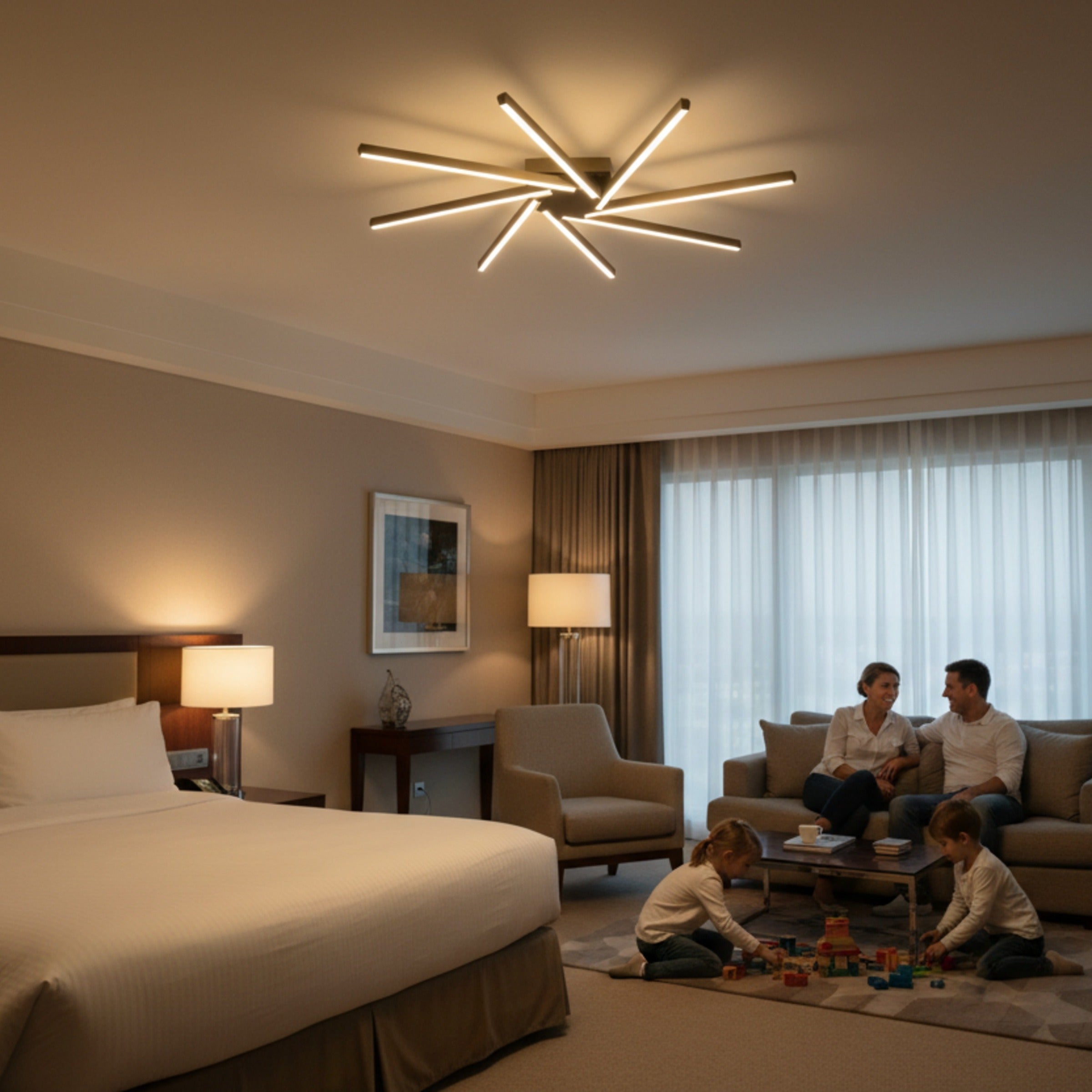 Ailece vakit geçirilen konforlu otel odasında Zenit dim edilebilir tavan lambası.