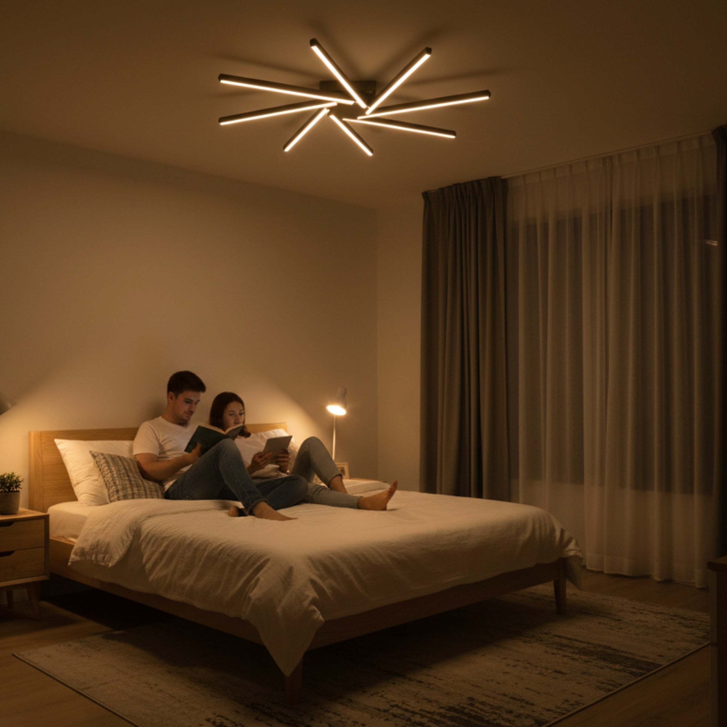 Zenit modern led tavan avizesi modern iç mekan yatak odasında yatağın üzerinde ışık saçıyor.