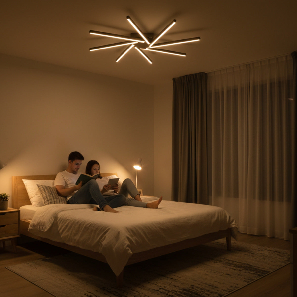 Zenit modern led tavan avizesi modern iç mekan yatak odasında yatağın üzerinde ışık saçıyor.