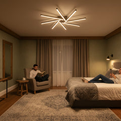 Modern iç mekan yatak odası dekorasyonunda zenit 8 kollu led avize loş ışık ambiyansı.